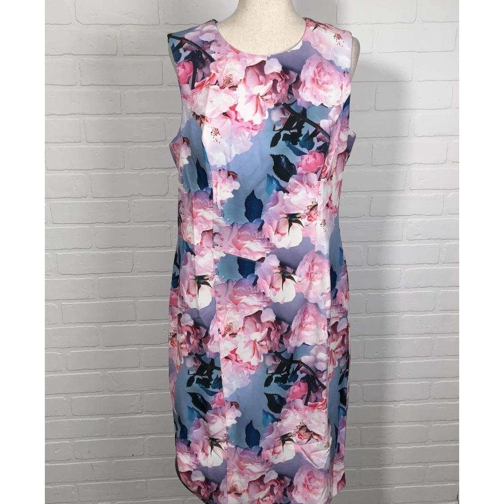 Nicole Miller Dress Women 14‎ Blue Pink Floral Rose Art Lace Sheath Party Spring